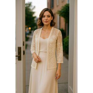 Rebellion Sheer Lace Floral Embroidered Womens Small Open Cardigan Cotton 3/4 Sl